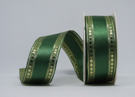 Doppelsatinband grün - mit Goldbordüre - 1 Meter