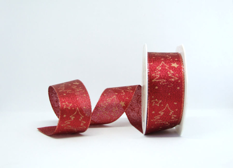 Schleifenband Tannenbäume rot-gold glitzernd - 1 Meter