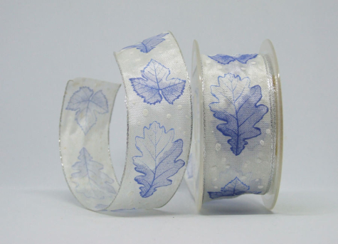 Band Blätter beflockt - blau, weiß & silber - 1 Meter