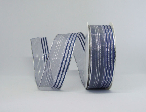 Tüllband Streifen blau-silber - 1 Meter