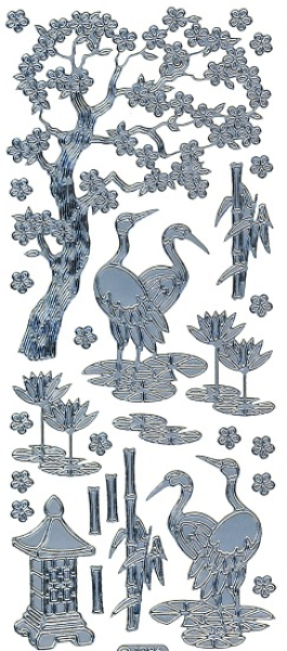 Sticker Kranich, Baum, Seerosen - 1086 - silber  1 Bogen 10x23 cm
