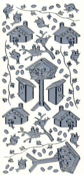 Sticker Vögel + Vogelhäuser - silber   1 Bogen 10x23 cm