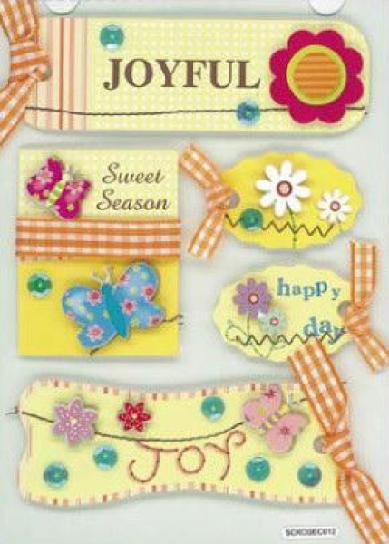 3-D Sticker / Embellishments  Blumen und Schmetterlinge gelb 5tlg.