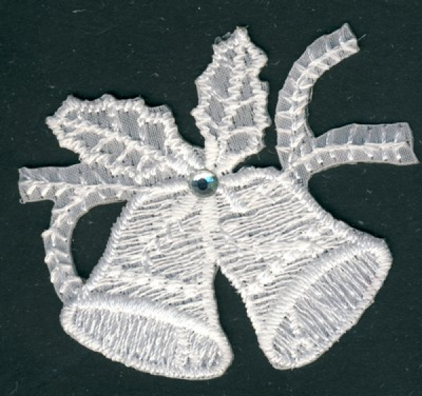 Stickerei Glocken mit Strassstein u. Ilex 5x4,5cm - weiß   1 Stück, aufbügelbar