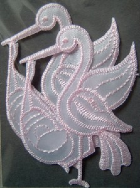 Stickerei Storch mit Baby 7cm - rosa   2 Stück, aufbügelbar