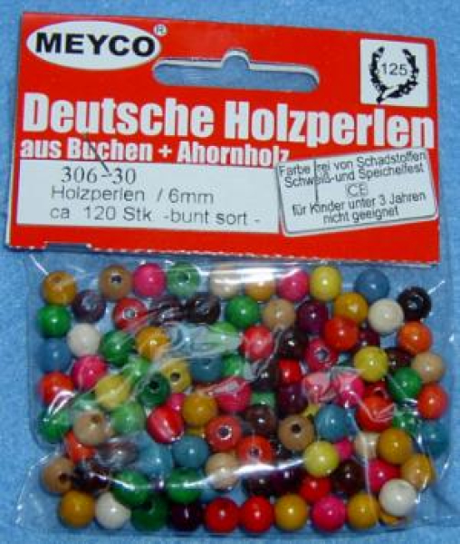 Holzperlen Ø 6 mm, ca. 120 Stück - bunt sort.