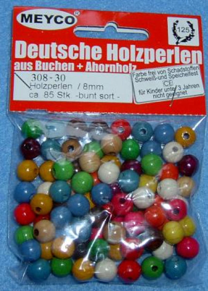 Holzperlen Ø 8 mm, ca. 85 Stück - bunt sort.