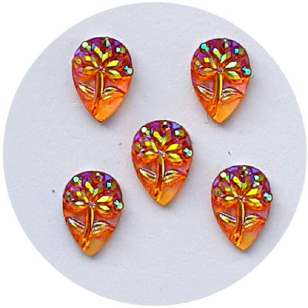 Acryl-Strasssteine mit Blumenrelief, Tropfen 7x10 mm, orange - ca. 10 Stück