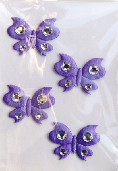 Stoff-Schmetterlinge mit Strass lila   4 Stück, selbstklebend