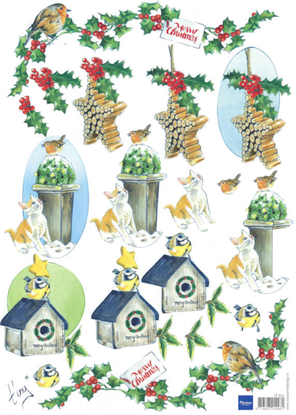 3D Bogen Merry Christmas - Vögel & Katze