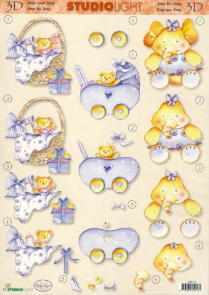 3-D Etappen-Bogen   Teddy im Kinderwagen, Elefant   1 Bogen 21x29,7cm
