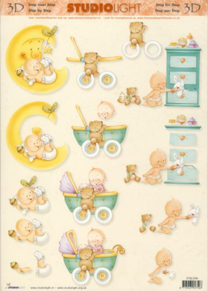 3-D Etappen-Bogen   Baby im Kinderwagen, Mond   1 Bogen 21x29,7cm
