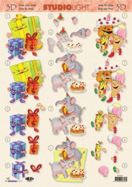 3-D Etappen-Bogen   Geburtstagstorte, Eis, Elefanten, Päckchen   1 Bogen 21x29,7cm