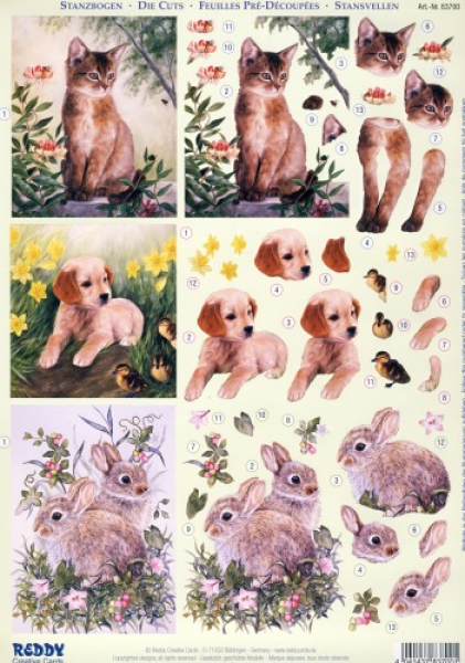 3D StanzbogenReddyCards 83700Haustiere, Hund, Katze u. Häschen