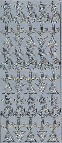 Sticker Stern, Glocke, Kerze, Weihnachtsbaum - silber   1 Bogen 23x10 cm