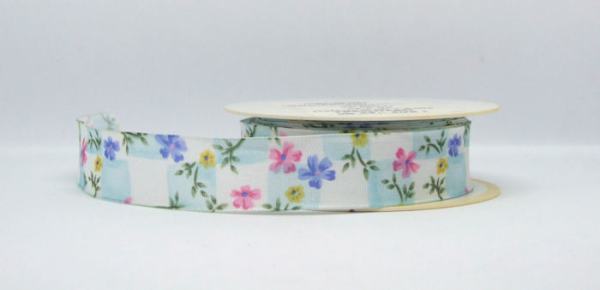 Dekoband Blumen kariert - pastell-blau - 1 Meter