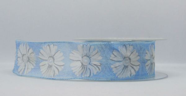 Schleifenband Gerbera - himmelblau-weiß glitzernd - 1 Meter