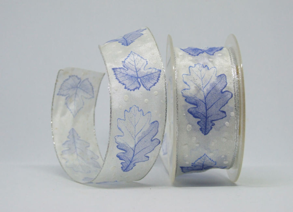 Band Blätter beflockt - blau, weiß & silber - 1 Meter