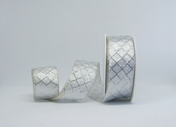 Textilband Rautenmuster - weiß-silber - 1 Meter