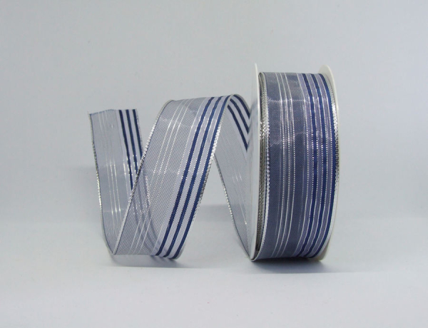 Tüllband Streifen blau-silber - 1 Meter
