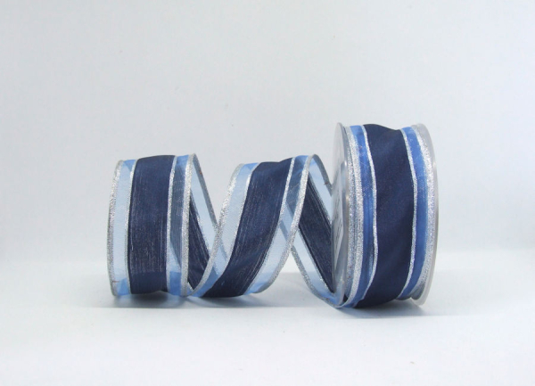 Schleifenband Streifen blau - mit Silberrand - 1 Meter