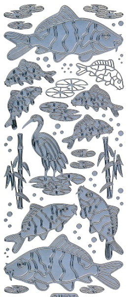 Sticker Asia - Fische, Kranich, Bambus - 1159 - silber   1 Bogen 10x23 cm