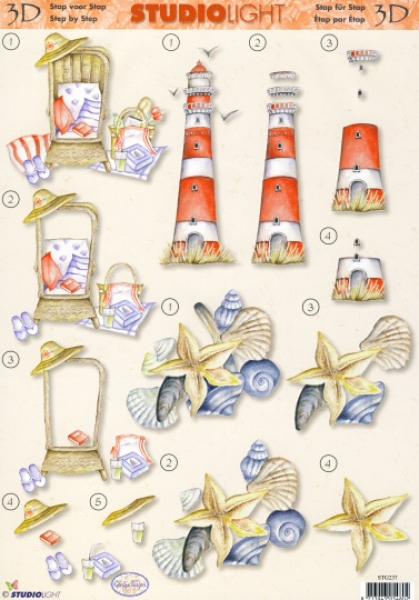 3-D Etappen-Bogen Leuchtturm, Strandkorb, Muscheln   1 Bogen 21x29,7cm