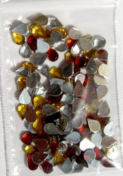 Acryl Strass Tropfen spitz 4x6 mm, kristall/gold/dunkelrot,  ca. 100 Stück