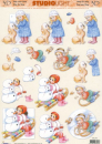 3-D Etappen-Bogen <br> Kinder mit Hund, Schlitten + Schneemann <br> 1 Bogen 21x29,7cm